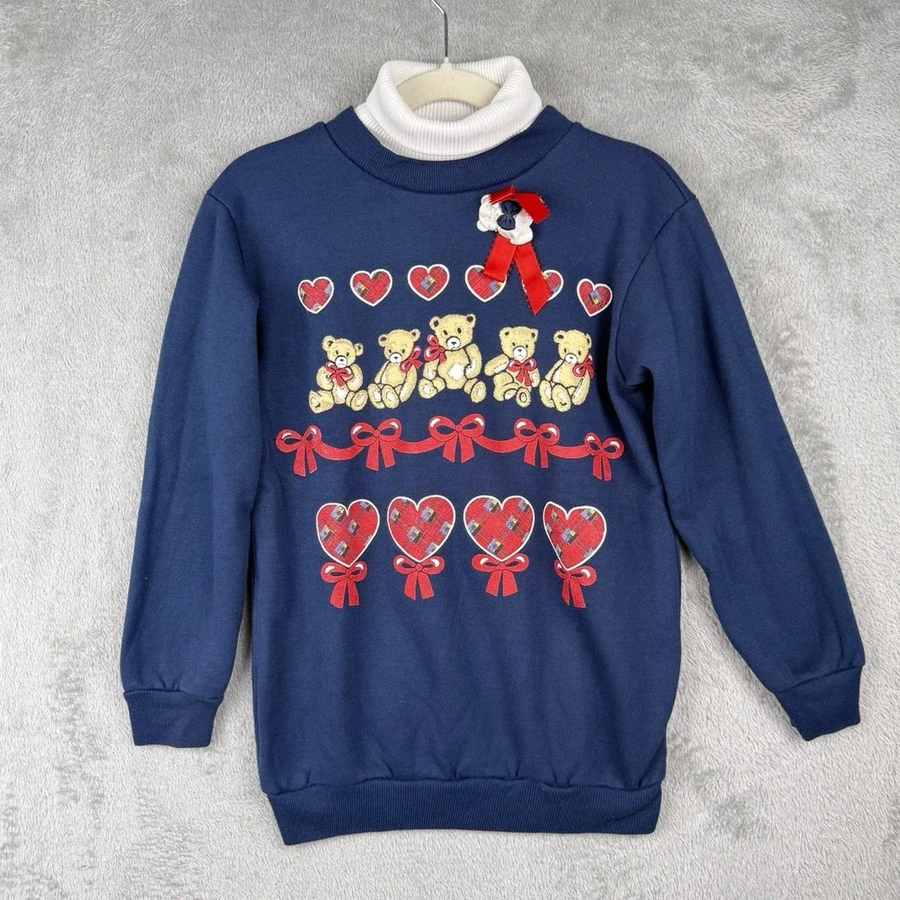 In Design Sweatshirt Girls 6X‎ Teddy Bears Hearts Bows Turtleneck USA Made VTG